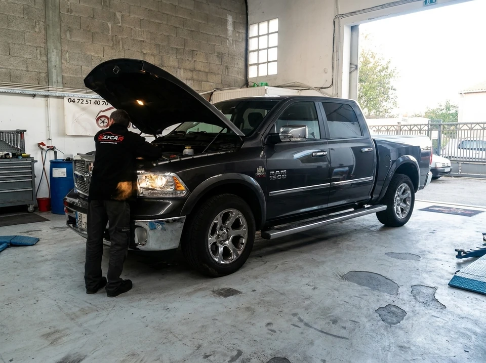 Mécanicien automobile en combinaison bleue examine le moteur d'un véhicule noir, capot ouvert dans un garage professionnel